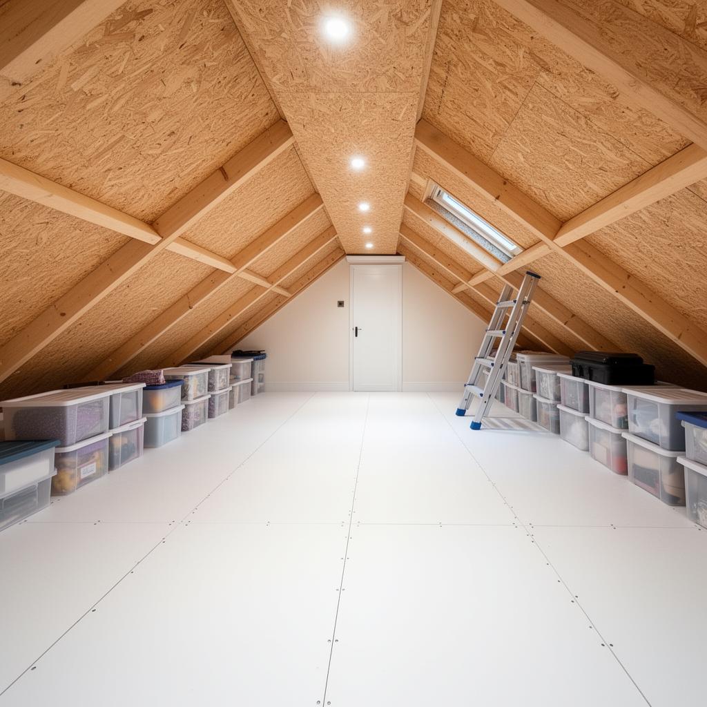 Completed boarded loft with storage